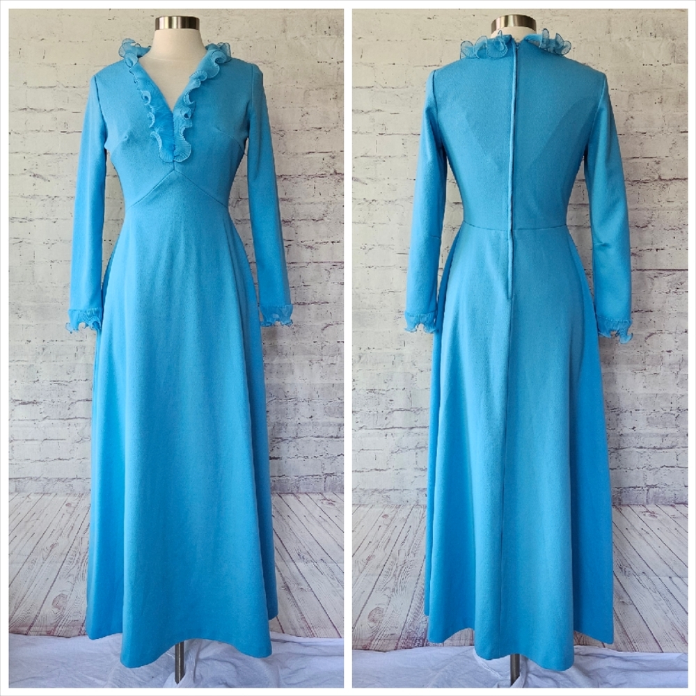 Vintage 70s Sky Blue Micropleat Ruffle Long Sleeve Maxi Dress ILGWU Madein USA - Picture 5 of 12